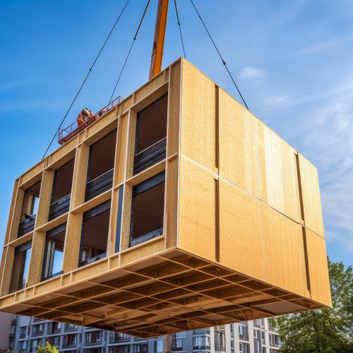 Wooden building module is raised by a crane and placed into the framework. Berlin office building under construction. Modular wood construction. High quality generative ai