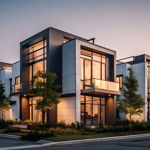 Modern modular private townhouses. Residential minimalist architecture exterior. Created with generative Ai