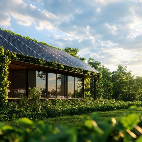 A modern, sustainable home showcasing energy-efficient features like solar panels and a green wall, nestled amongst lush greenery. This design embodies a commitment to eco-friendly living, offering a harmonious blend of nature and technology.