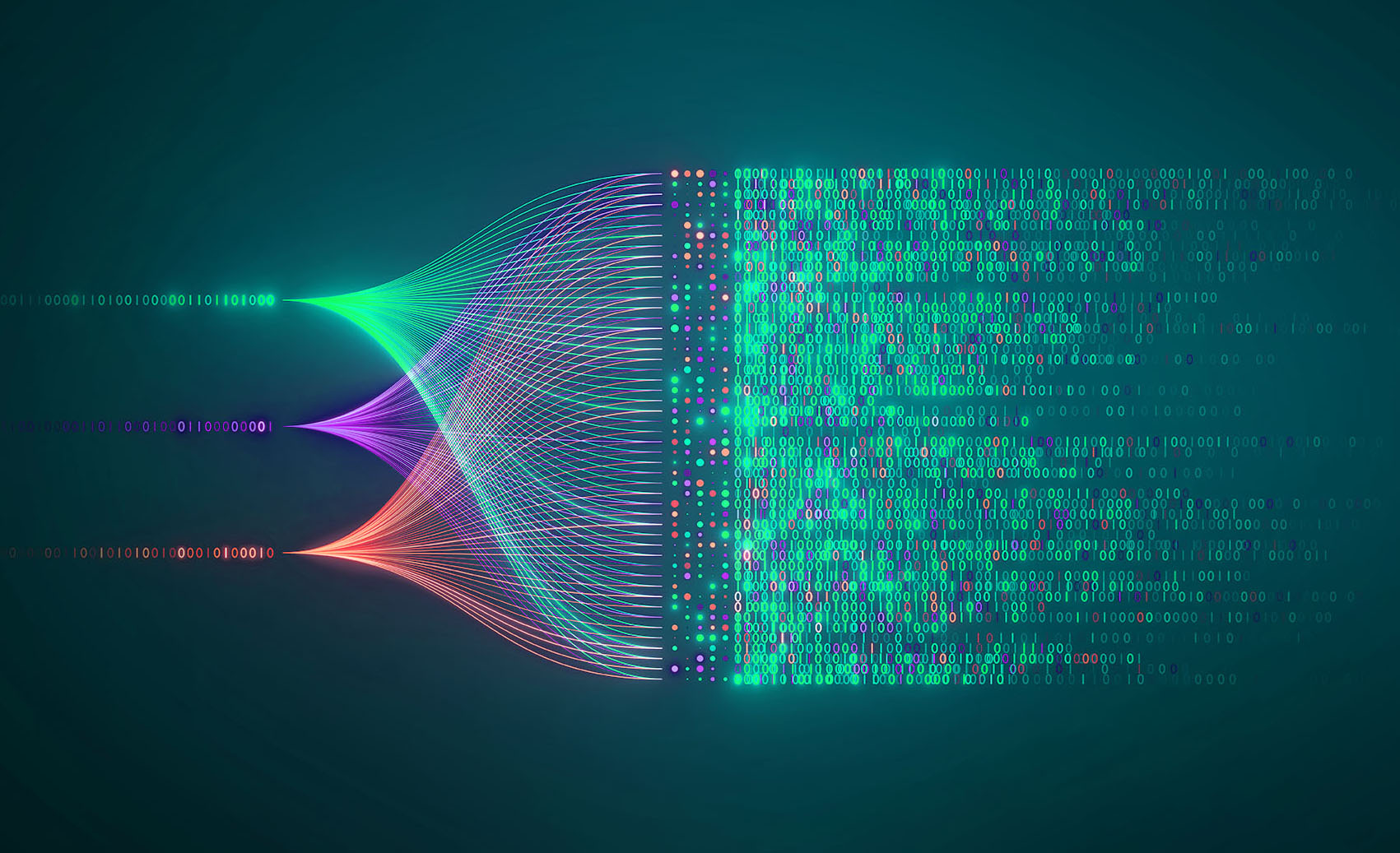 Big data technology and data science illustration. Data flow concept. Querying, analysing, visualizing complex information. Neural network for artificial intelligence. Data mining. Business analytics.