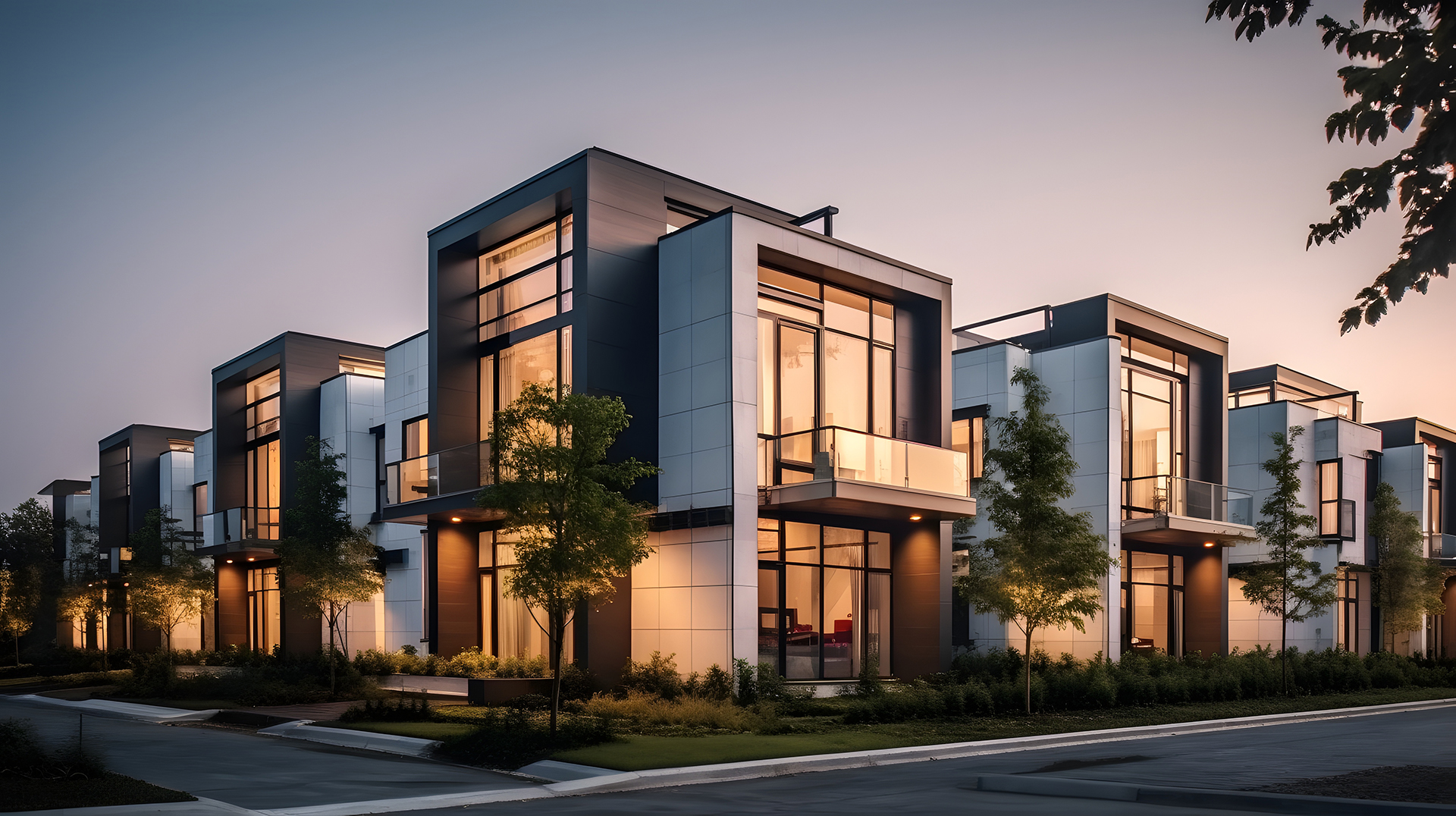 Modern modular private townhouses. Residential minimalist architecture exterior. Created with generative Ai