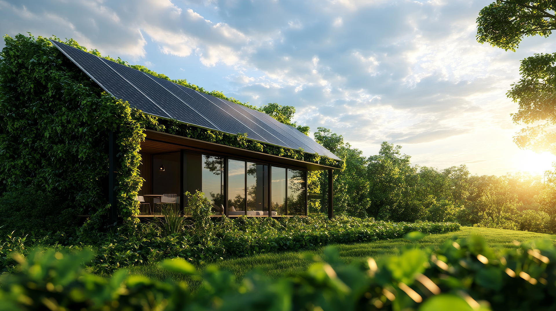 A modern, sustainable home showcasing energy-efficient features like solar panels and a green wall, nestled amongst lush greenery. This design embodies a commitment to eco-friendly living, offering a harmonious blend of nature and technology.